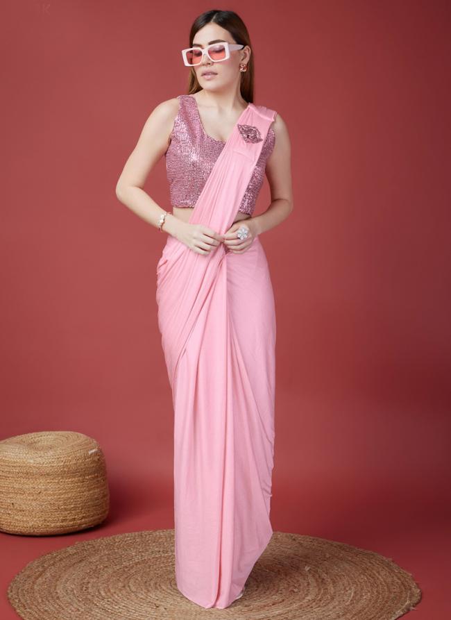 Imported Baby Pink Party Wear Sequins Work Ready To Wear Saree